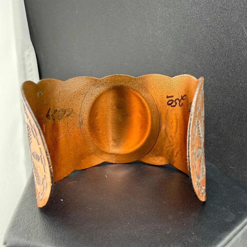 Vintage Solid Copper Cuff Bracelet Thunderbird Stamped Scalloped 7in READ